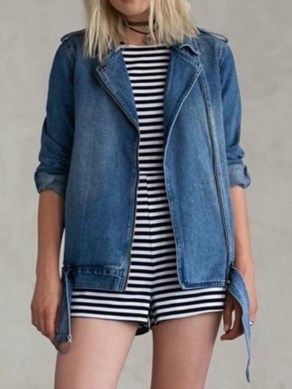 Gypsy Warrior Asymmetrical Full-Zip Denim Jean Jacket, Medium Blue Wash, Sz XL